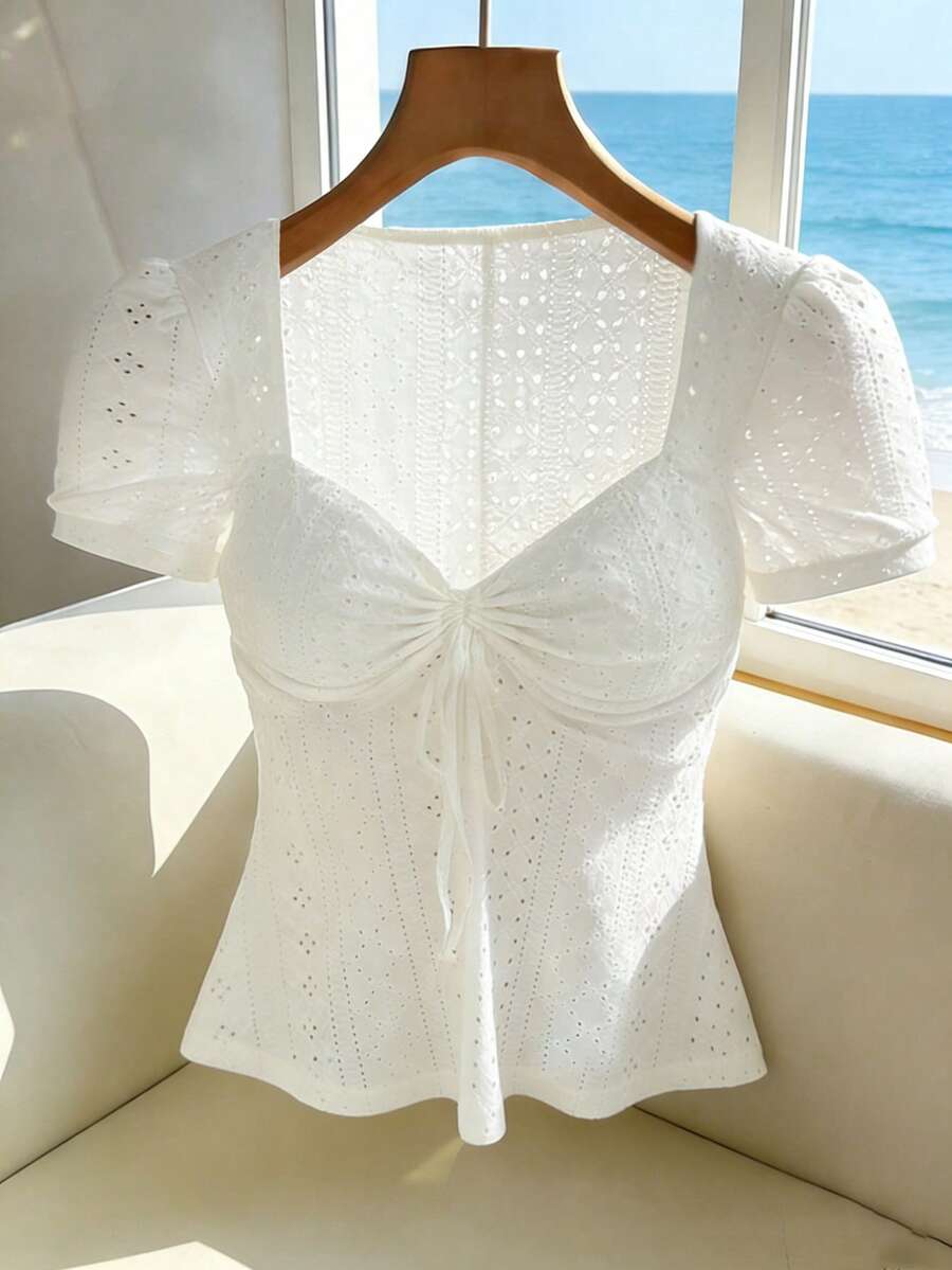 SHEIN PariChic Stylish Elegant Women's T-Shirt U-Neck Short Sleeve Front Drawstring Doll-Hair Hem Knit Textured Fabric White Spring/Summer Elegant T-Shirt Beach Going Out T-Shirt Graduation T-Shirt Summer Holiday Vacation Casual White Top - White - View 1