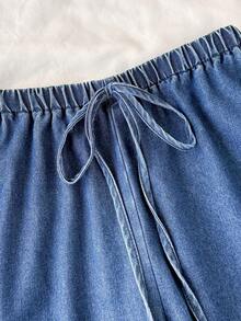 SHEIN Comfortcana Bộ đồ nữ phong cách thường ngày thoải mái, thích hợp cho kỳ nghỉ, đi làm, gồm áo denim không tay thắt nút phía trước và quần denim ống rộng, thích hợp cho mùa hè. - Rửa trung bình - Xem 6