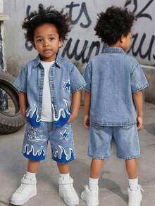 2pcs Young BoyFlame Print Blue Denim Short Sleeve Shirt And Shorts Set - Medium Wash - View 2