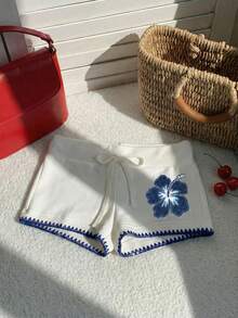 SHEIN EZwear Shorts slim fit de cintura com cordão, estampa floral, em tecido azul minimalista e casual com barra bordada, adequado para verão, férias e festa na praia - Branco - Visão 7