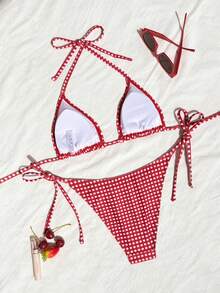 Swim Mod 2026春夏款吊带露背紫红色格子侧高衩系带丁字裤，甜美度假风女装 - 紅色 - 查看 3