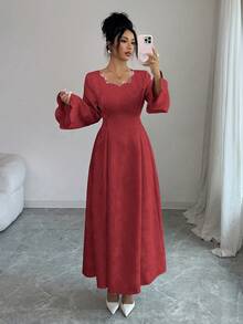 Yasmyna 女士提花绿色水晶系带修身A字优雅阿拉伯连衣裙 - 紅色 - 查看 4