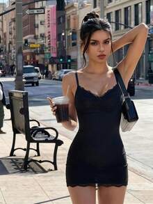 Lucivie Đầm ôm sát màu đen gợi cảm và thanh lịch với viền ren, dây mảnh, thích hợp cho nữ dự tiệc mùa hè. - màu đen - Xem 3