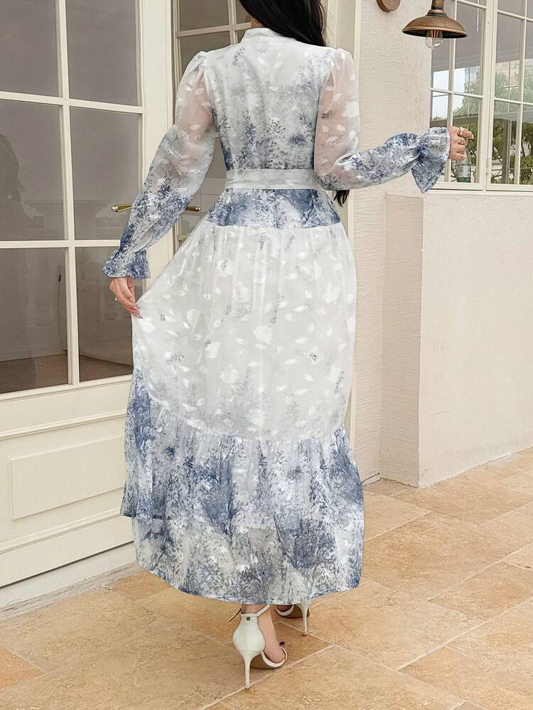 Elegant Ombre Print Mid-Length Dress For Women, Spring & Summer Floral Dresses For Women