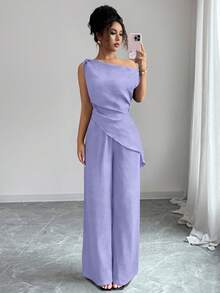 Elenzga Nuovo set estivo coreano a 2 pezzi, adatto per viaggi e fotografia, con un elegante top asimmetrico blu profondo del mare e pantaloni casual a vita alta - Viola malva - Visualizzare 6