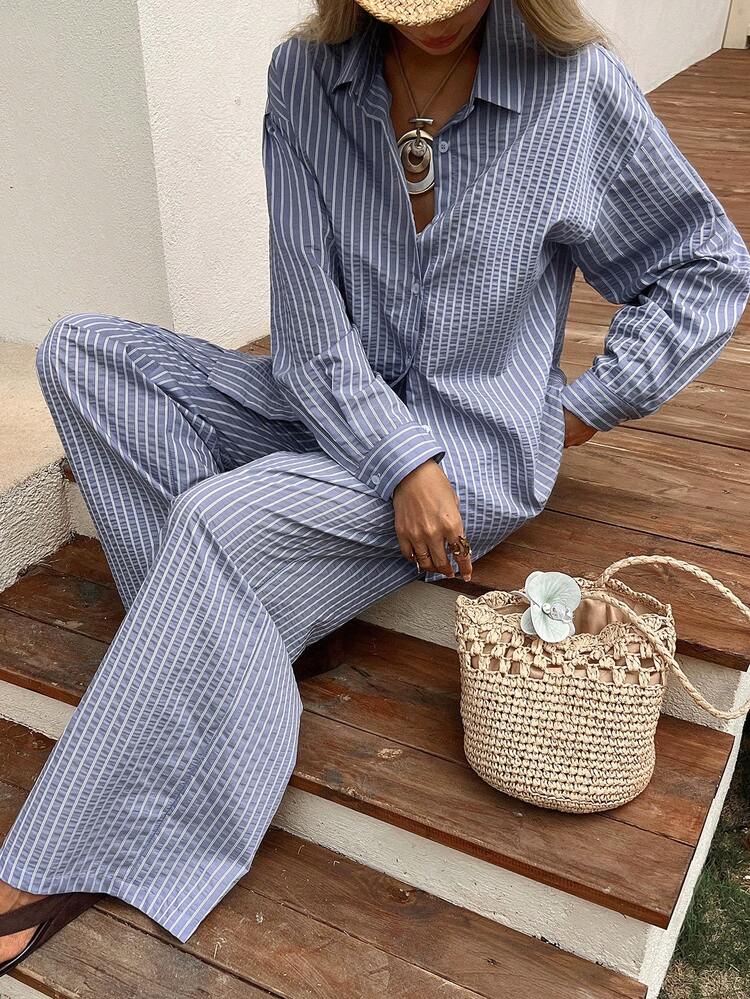 Women's Loose Casual Blue Striped Shirt And Pants 2 Pieces Set, Suitable For Spring And Summer Lounge Sets For Women