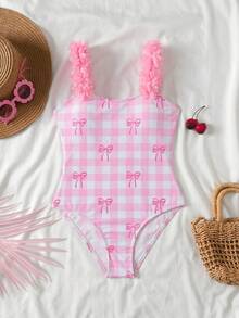 SHEIN 少女可爱粉色碎花条纹蝴蝶结装饰连体泳衣，夏季 - 粉色 - 查看 6