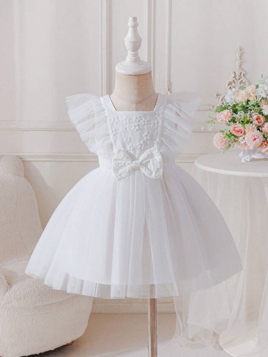 Glamorique Kids Vestido de niña para primavera/verano con diseño de falda de tul con lazo 3D de jacquard tejido, mangas de vuelo para fiesta - Blanco - Ver 1