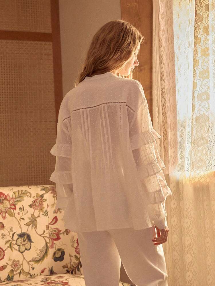 MOTF STUDIO WOMEN'S COTTON JACQUARD RUFFLE TRIM BUTTON FRONT SHIRT