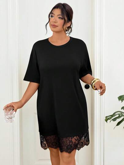 Lounesse Đầm rộng màu đen phối ren tương phản dành cho nữ cỡ lớn, thích hợp mặc hàng ngày đi làm, mùa hè.