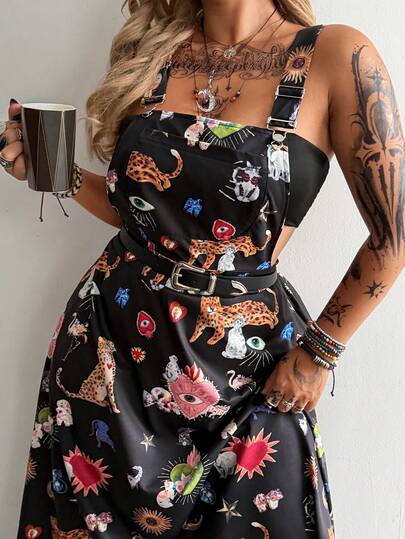 Whyspr Plus Size Women Summer Retro Casual All-Over Print Suspender Dress