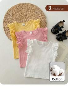 SHEIN 女婴夏季休闲纯色荷叶袖上衣 - 彩色 - 查看 3