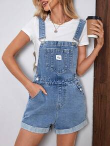 EMERY ROSE Women's Summer Casual Pocket Rolled Hem Denim Bib Pants - Light Wash - View 6