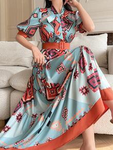 DAZY Đầm nữ thanh lịch phối màu tương phản họa tiết hình học, cổ buộc dây, tay cánh hoa, dài ngang gối, thắt eo, thích hợp cho mùa hè, dự tiệc cưới, váy hè. - Màu xanh lam - Xem 7