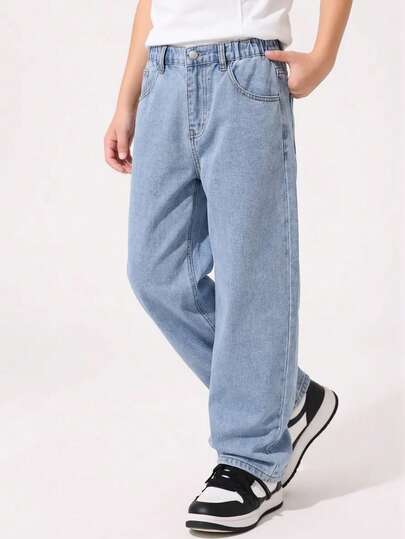 Jeans de pierna ancha y ajuste holgado de color azul claro vintage para adolescentes varones, versátiles para la escuela, actividades al aire libre, viajes, actividades familiares, fiestas y talla grande