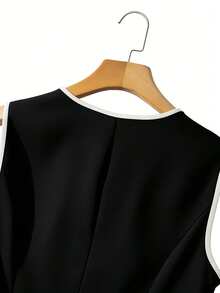 GlowEve Elegant Round Neck Contrast Color Pocket Button Decor Vest Waistcoat Women Thin Blazer - Black - View 4
