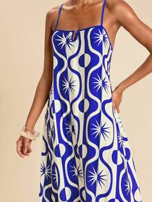 Travachic Đầm nữ họa tiết hình học, dây chéo, phong cách Bohemian. - Xanh và trắng - Xem 6