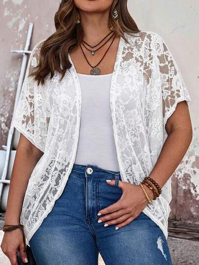 EMERY ROSE Plus Size Women Lace Fabric Lightweight Casual Jacket