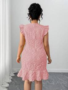 Elenzga Plus Size Women's Spring/Summer Hot Selling Square Neck Elegant Fitted Cap Sleeve Fishtail Ruffle Hem Dress, Minimalist Tailoring Waist Design, Suitable For Daily Commute, Formal Occasions, Parties, Club Events - Pink - View 2