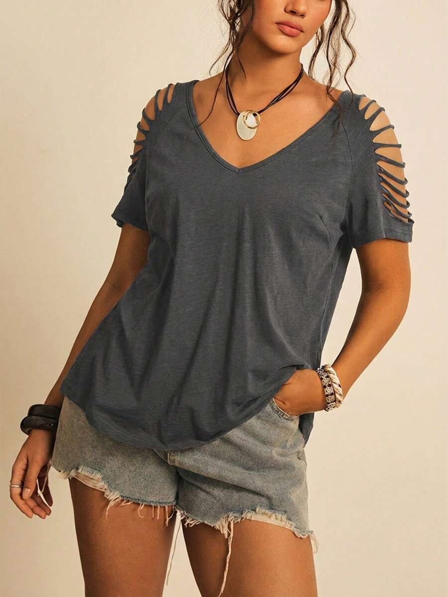 Freevana Kaos Kasual Lengan Pendek Raglan Rajut untuk Wanita Ukuran Besar - Grey - View 1