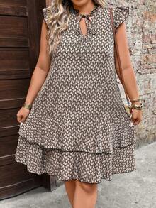 EMERY ROSE Plus Size V-Neck Ruched Flare Sleeve A-Line Mini Dress,Geometric Pattern,Casual Ruffled Hem Beige Summer Boho Vacation Holiday Beach Resort Women - Multicolor - View 3