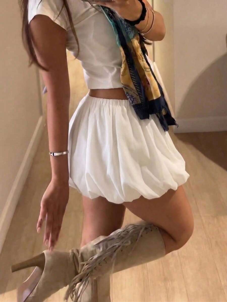 Rina Fox 夏季純色彈性腰裙 - 白色 - 查看 1