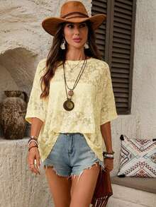 SHEIN LUNE Women's Casual Loose Fit Basic Short Sleeve T-Shirt For Home Wear, Summer,Casual Tops Women Lace T Shirt Boho Blouse Blouses Top - Light Yellow - View 3
