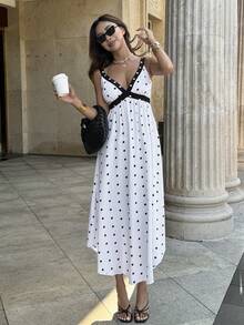 Pariaura Đầm slip cổ chữ V chấm bi thắt eo dành cho nữ - trắng - Xem 3