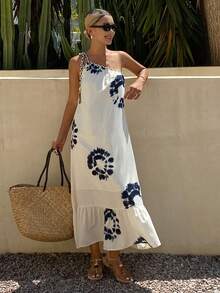 Livesso Vestido sin mangas con cuello asimétrico y estampado total floral para mujeres, vestidos de verano para mujeres - Beis - Ver 2