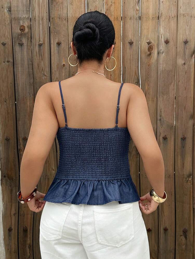 Dazy Plus Plus Size Women Spaghetti Strap Bow Tie Camisole Top, Korean Style Faux Denim Summer Sleeveless Vacation Blouse