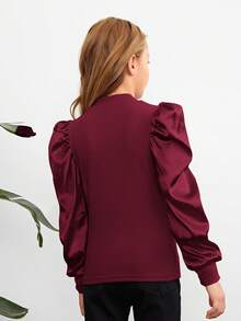 SHEIN Leap Crew Teenage女孩高領泡泡袖T卹，具有彈力針編細節，長袖 - 紫紅色 - 查看 4