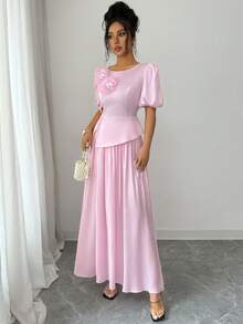 Modelyn Bộ 2 món: Áo và chân váy vải bóng họa tiết hoa 3D màu hồng. - Hồng - Xem 5