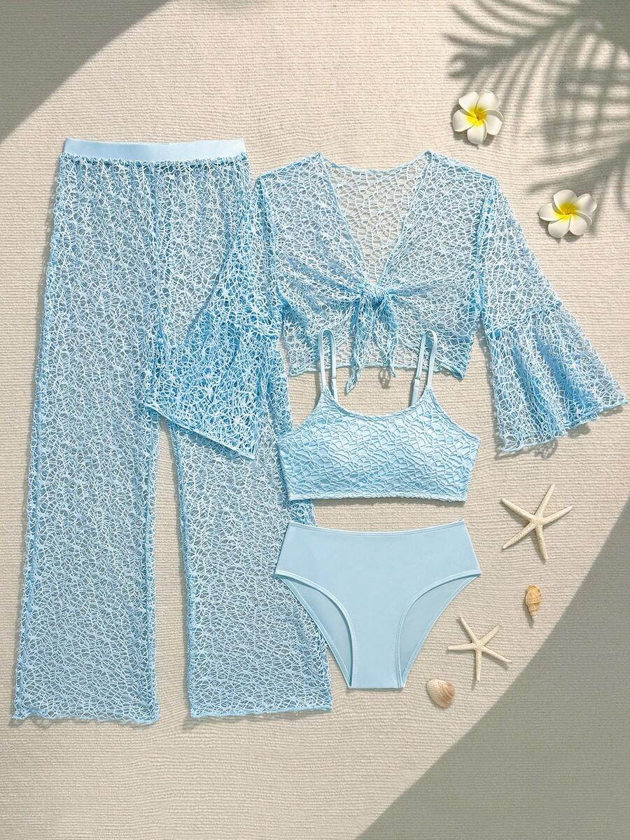SHEIN Bộ đồ bơi 4 mảnh cho bé gái tuổi teen, kiểu dáng mới mùa hè, màu xanh nhạt, chất liệu vải dệt họa tiết, áo hai mảnh bikini với áo khoác ngoài bằng lưới buộc dây phía trước và quần ống rộng, thích hợp cho kỳ nghỉ biển, suối nước nóng, vui chơi dưới nước. Bộ đồ bơi định hình vòng ba, trang phục mùa hè, đồ đi biển, áo khoác ngoài đồ bơi màu xanh dương. - Màu xanh lam - Xem 1