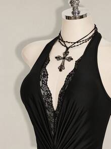 SHEIN ICON 性感深V领蕾丝拼接女士连体衣 - 黑色 - 查看 8