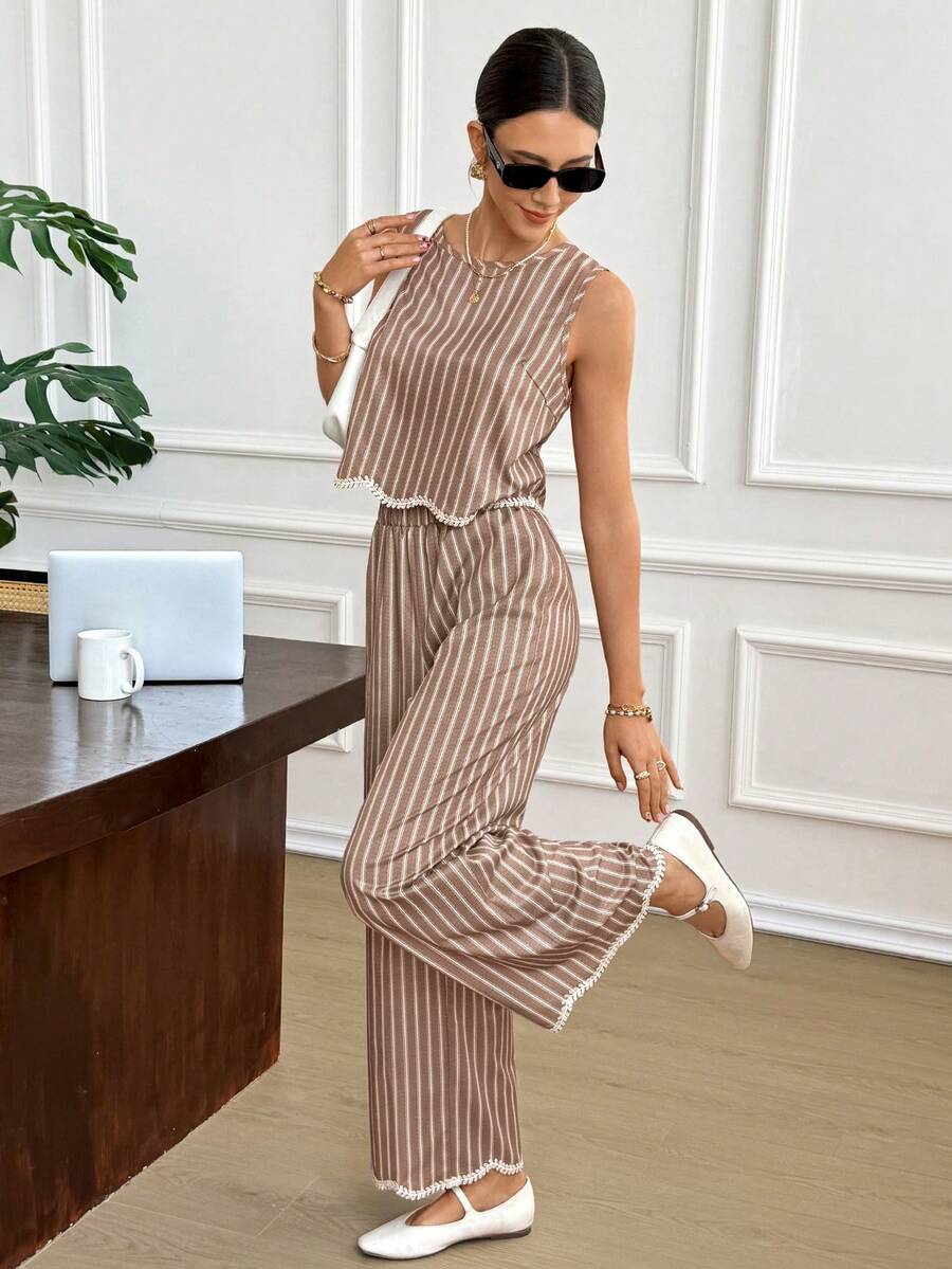Serisse Women's Vacation Striped Embroidered Asymmetrical Hem Round Neck Tank Top And Pocket Long Pants 2 Pieces Set,Women's Casual Striped Two Piece Set Sleeveless Scallop Trim Top And Wide Leg Pants Lounge Outfit,Brown Striped Matching Set For Women Summer Sleeveless Crop Top And Wide Leg Trousers Vacation Co-Ords,Elegant Boho Striped 2 Piece Outfit Women Sleeveless Tank Top And Wide Leg Pants Set With Crochet Trim,Brown Striped Suit,Lace Trim With Wavy Edges,Holiday Outfits For Women ,Summer Holiday Outfits ,Casual Suit, Suitable For Everyday Wear. - Brown - View 1