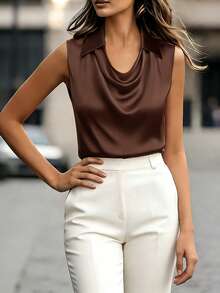 Ellegaria. Áo sơ mi satin màu trơn, kiểu dáng công sở, thành thị, thanh lịch, sang trọng, lãng mạn, thích hợp cho mùa xuân/hè, đi chơi hàng ngày, hẹn hò, tụ họp, thời trang dự tiệc quyến rũ dành cho phụ nữ. - Cà phê nâu - Xem 4