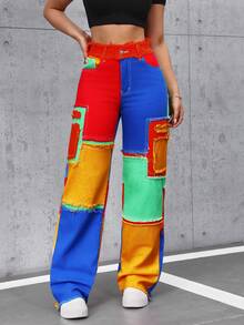 SHEIN Tall Quần jeans nữ ống đứng, kiểu dáng thường ngày, phối màu tương phản, rách gấu, có túi. - Nhiều màu - Xem 6