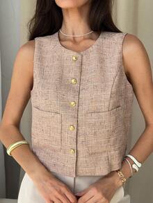 DAZY Solid Color Crew Neck Sleeveless Fitted Jacket For Women, Spring & Summer - Pink - View 6