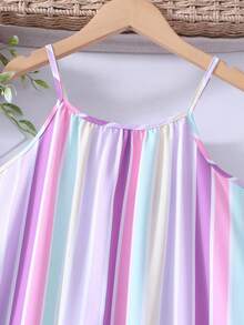 SHEIN Vestido de verano casual y lindo estilo coreano para niñas, vestido de verano coreano elegante y encantador para niños, hecho de tela tejida con estampado de rayas de colores - Morado - Ver 9