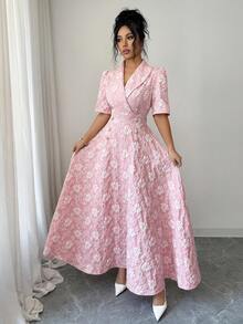 Elenzga 女士提花优雅收腰长款派对连衣裙 - 粉色 - 查看 5