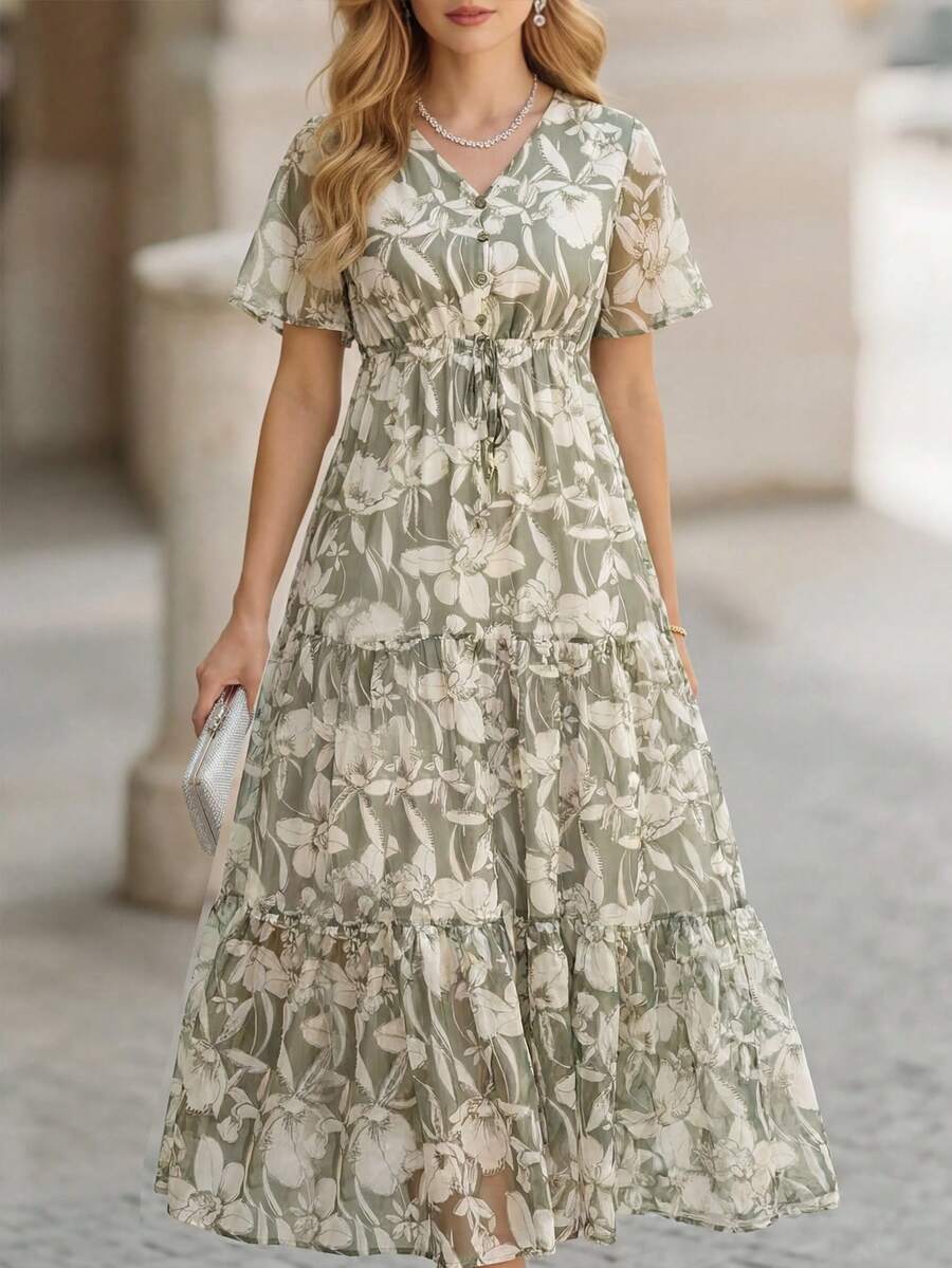 Miaspire Vestido largo casual de verano con cuello en V, estampado floral y detalle de torsión - Verde - Ver 1