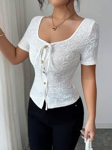Elenzga Sexy Fitted Button-Up Short Sleeve T-Shirt, Spring/Summer Fabric With Vintage Button Texture - Apricot - View 5
