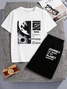 SHEIN 青少年男孩白色夏季街頭生活休閒圖案街頭時尚Y2K太空人運動風拼色短袖上衣與長褲兩件套 - 彩色 - 查看 4