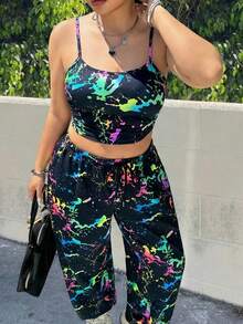 Muchica Women's Plus Size Ink Splatter Print Cami Top And Jogger Pants Set - Multicolor - View 4