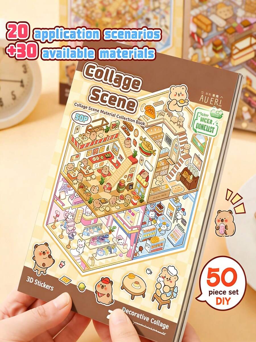 MINKOJA MINKOJA 50张场景贴纸书，房屋贴纸，包括30张材质贴纸、20张场景贴纸、1把高品质金属镊子、3D立体小屋微缩场景贴纸、手工拼图玩具贴纸、风景贴纸、手工贴纸 - 彩色 - 查看 1