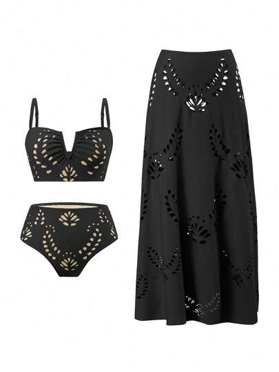 Swim Oasis Plus Size Solid Color Laser Cut Floral V-Neck Adjustable Strap Top Paired With High Waist Solid Color Laser Cut Triangle Bikini Bottom And High Waist Solid Color Laser Cut Skirt, Sexy Elegant Beach Holiday Swimsuit Set