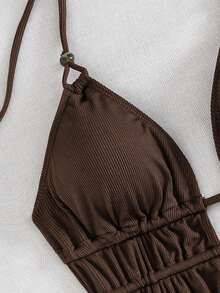 Traje de baño de una pieza elegante con escote en V profundo y cordón fruncido para mujeres Swim Chiccia, adecuado para vacaciones, playa y festivales de música - Café integral - Ver 4