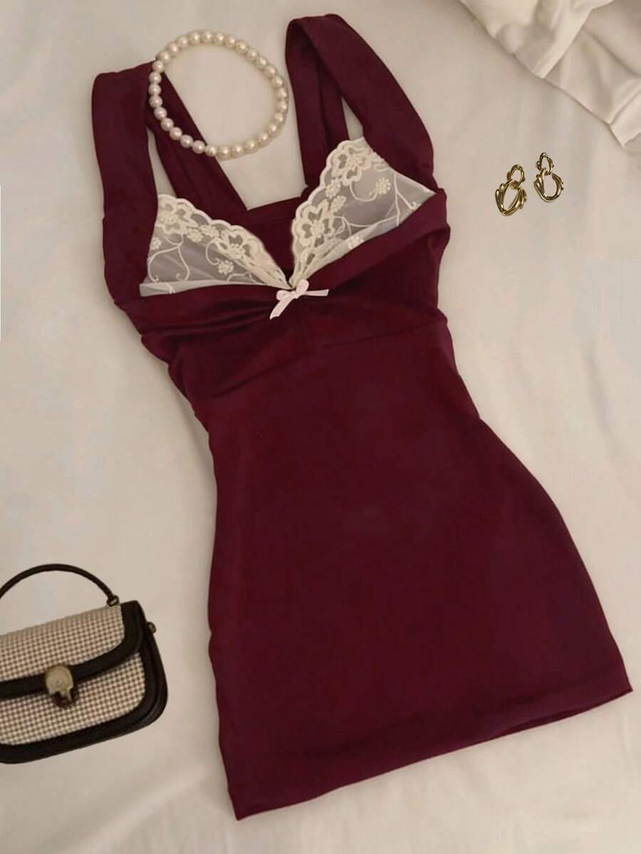 Glimmora Đầm ngắn ôm sát gợi cảm, thanh lịch dành cho nữ, phối ren tương phản, thích hợp cho mùa hè. - Đỏ - Xem 1