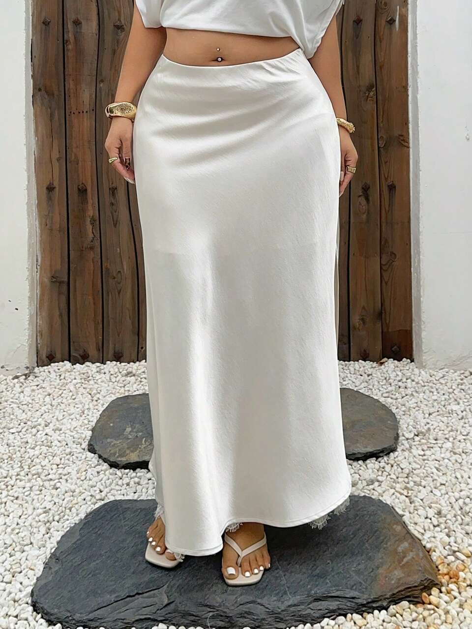 Dazy Plus Satin Faced Lace Patchwork Elegant A-Line Casual Loose Plus Size Women Long Skirt Vacation Outfits Women