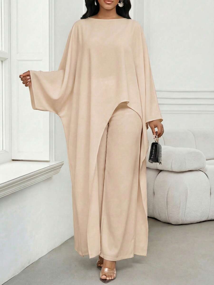 SHEIN Lady 女士纯色不对称下摆长袖上衣和裤子优雅两件套 - 卡其色 - 查看 1